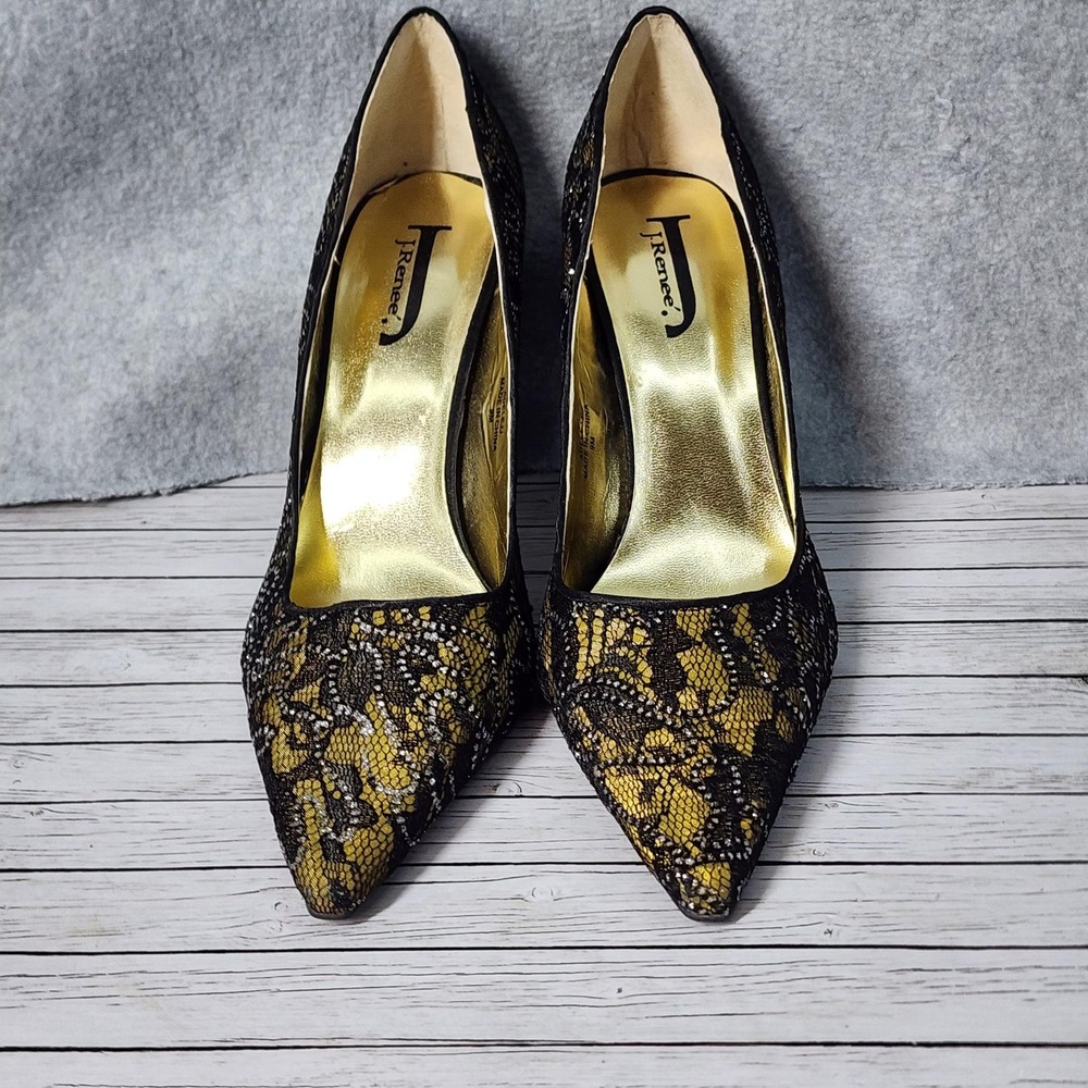 J Renee Shoes Womens Size 9M Black Yellow Lace Heels Adele11 Gold Lining Elegant